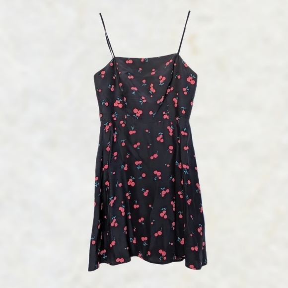 HVN Nora Mini Slip Dress Black Cherry Print Spaghetti Strap Silk - sz 6 REPAIRED - Picture 2 of 10